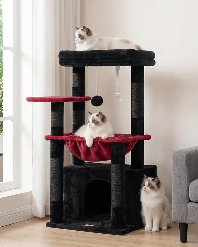 Heybly Cat Tree, Kitten Tower with Large Soft Cat Basket, Cat Condo with Spacious Cat Bed Cave with Hidden Space, Sisal-Covered Scratching Posts, Dangling Ball for Indoor Cats, Black and Red HCT008SBR