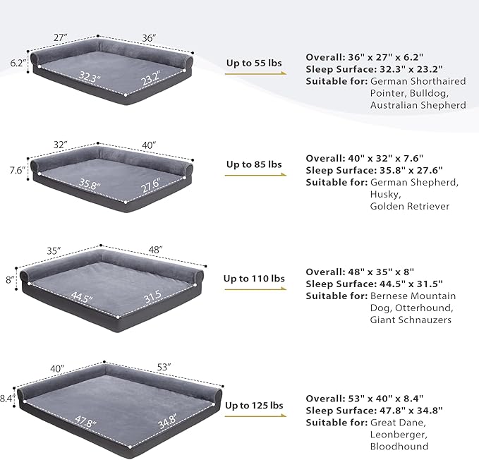 KSIIA Orthopedic Dog Bed Waterproof Flannel Bolster Couch with Egg Crate Foam for Large Dogs with Removable Washable Cover & Nonskid Bottom, 48 x 35 Inch, Gray