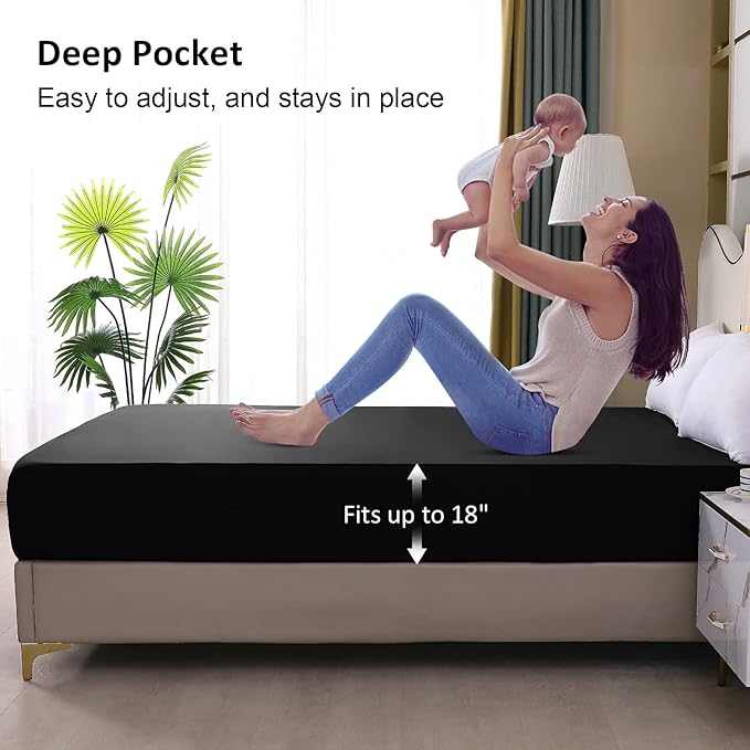 Waterproof Mattress Protector Full, Fitted Sheet Style Breathable Mattress Cover with Deep Pocket Fits Up to 18'', Machine Washable Noiseless Bed Cover for Kids Adults Pets (Black, 54'' X 76'')