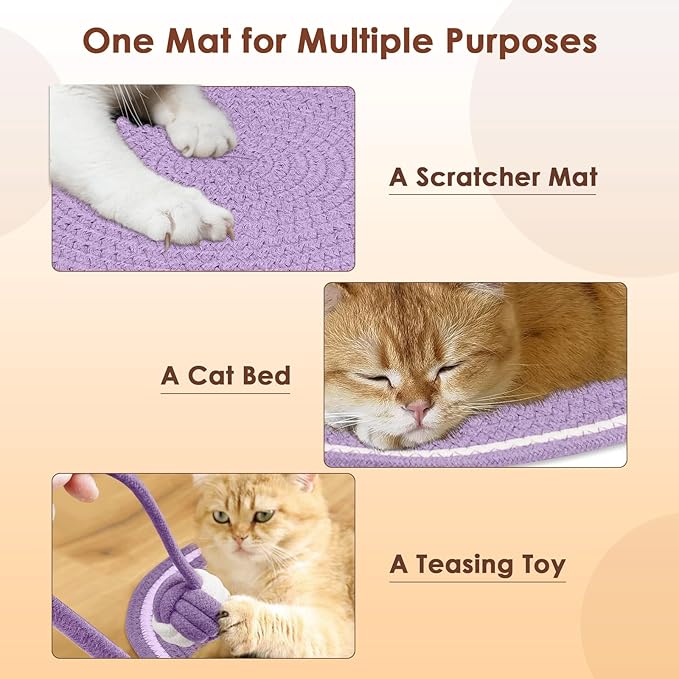 Cat Scratcher Mat, Natural Cotton Rope Cat Scratch Pad, 15.7'' Round Horizontal Floor Cat Scratching Pads for Indoor Cats, Cat Furniture Protector for Wall, Couch, Carpets, Sofas, Purple