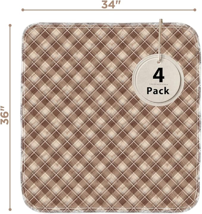 Non-Slip Bed Pads for Incontinence Washable (34" x 36"|4 Pack), Waterproof Bed Pads, Brown Grid, Bed Wetting Pads for Bed, Sofa, Floor, Resuable Underpads for Adults, Seniors, Pet