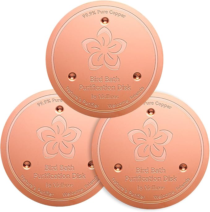 Mellbree 3-Pack Bird Bath Copper Disk, 0.6mm Reinforced 99.99% Pure Copper Cleaning Disk with Triple-Point Support for Physical Safe Clean Water All-Season (Flower)