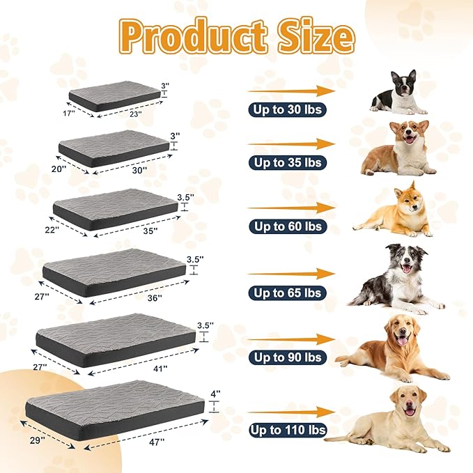 XL Orthopedic Dog Bed - Waterproof Plush Pet Mattress with Removable Washable Cover and Non-Slip Bottom, Memory Foam Dog Bed for Crate, 41"x27" Grey