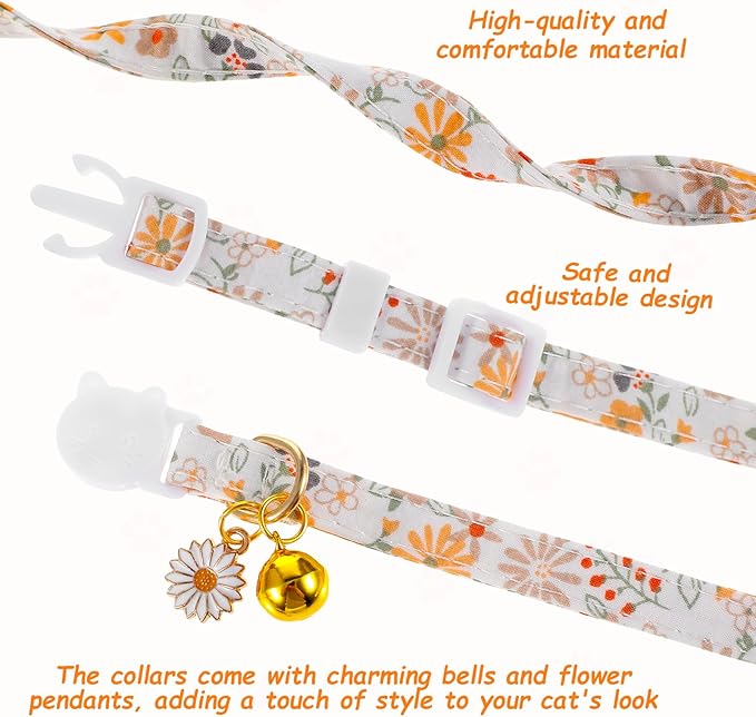 2 Pack Cotton Breakaway Cat Collars with Bell and Daisy Charm - Cute Kitten Cat Collar for Girl Cats and Boys, Adjustable Size 7.5-11 Inch