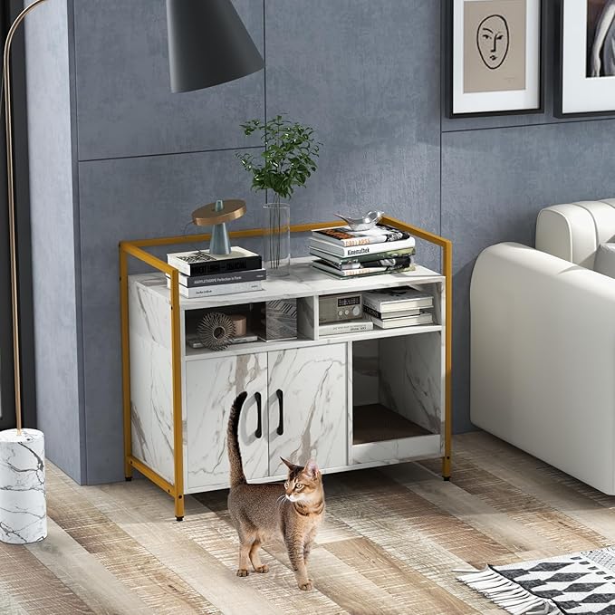 Giantex Cat Litter Box Enclosure - Cat Washroom Hidden Furniture with Front Entry, Scratcher, 2-Door Storage Cabinet, 2 Compartments, Air Vents, Metal Frame, Wooden Pet Crate House (Marble White)