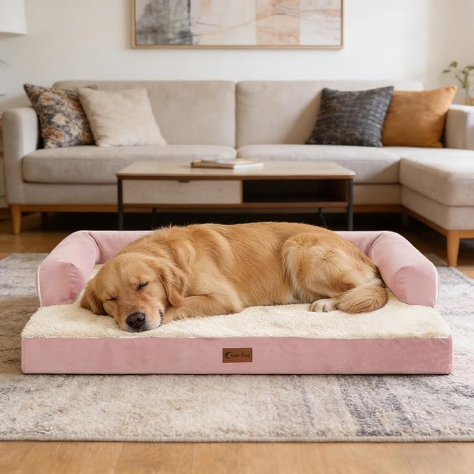 Orthopedic Dog Beds for Large Sized Dogs, Waterproof Egg Crate Foam Large Dog Couch Beds with Comfy Bolster 36x27Inch, Washable Pet Beds with Removable Cover and Nonskid Bottom, Pink