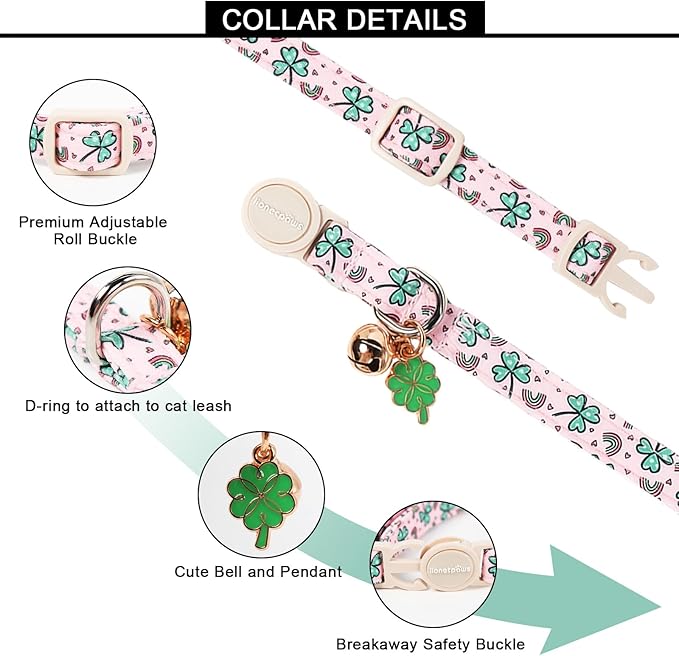 Lionet Paws 2pcs Pack St. Patrick Cotton Cat Collar,Breakaway Buckle with Green Clover and Rainbow Adjustable Pink Cat Kitten Collar,Ideal for Girl Cats Boy