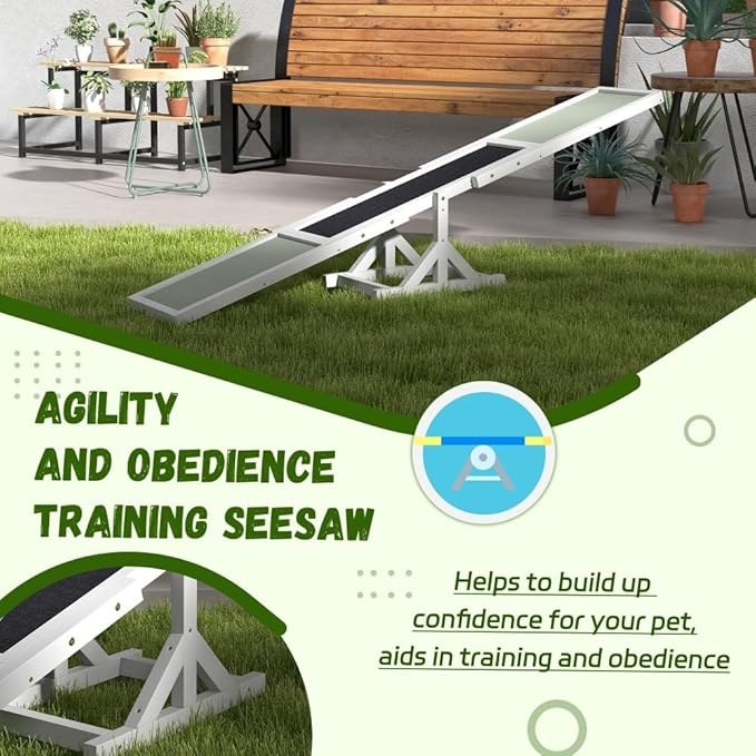 71" Dog Agility Seesaw Outdoor for Training and Exercise, Wooden Platform Dog Agility Training Equipment - Dog Obstacle Course Backyard Run Game Toy (White)