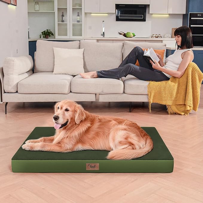 Orthopedic Dog Bed for Extra Large Dogs, XL Comfort Pet Mat for Large Sized Dog 44x32 Inch, Egg Crate Foam with Removable Washable Oxford Cover, Olive Green