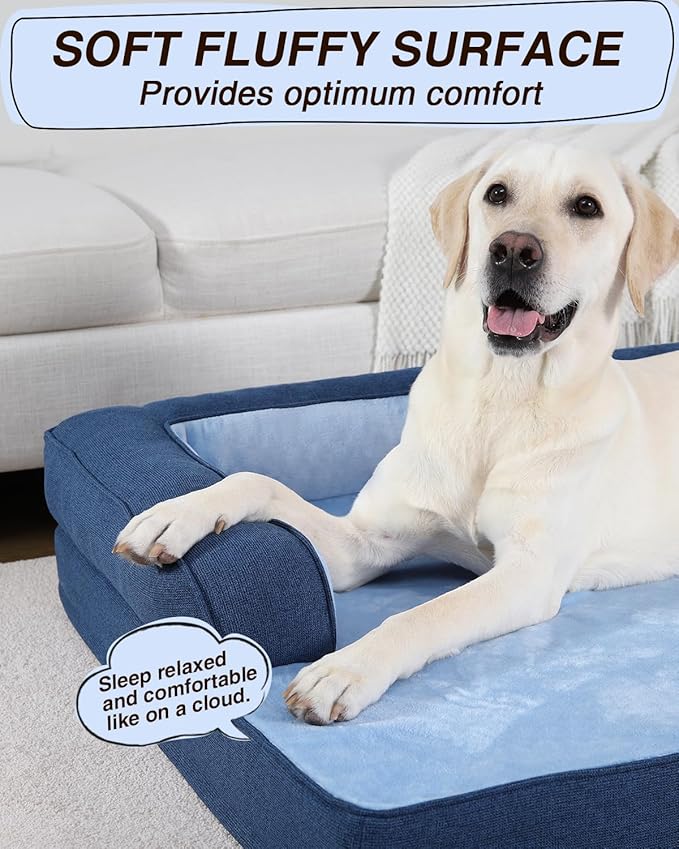 KSIIA Washable Dog Bed XL Senior Dog, Orthopedic Warm Soft Pet Sofa Waterproof Pet Couch with Sides, Non-Slip and Egg-Crate Foam Extra Large Beds with Removable Cover, 41x27Inch, Blue