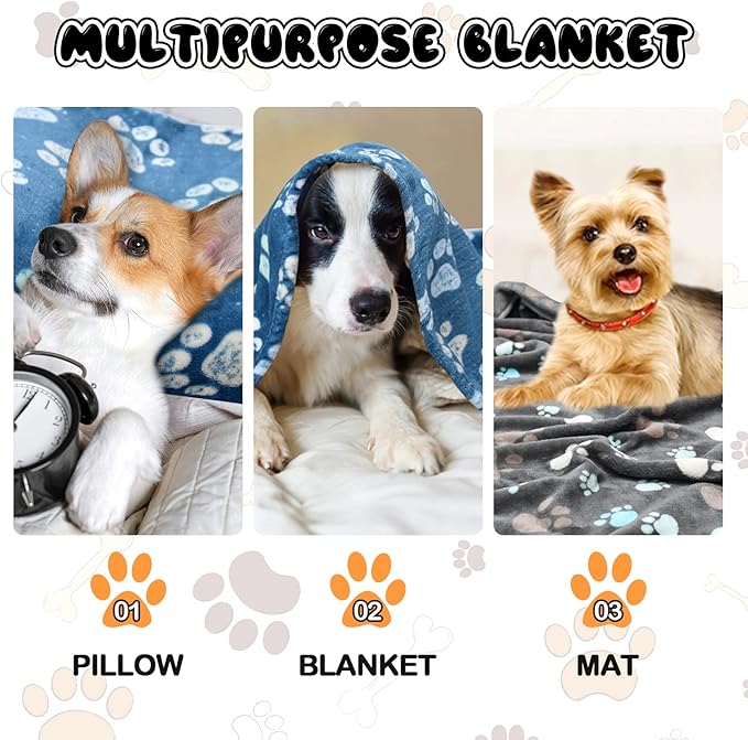 Rezutan Dog Blankets for Medium Pet, 3 Pack Blanket Fuzzy Cat Blankets Washable, Soft Comfort Flannel, Reversible Dog Paw Print, Gifts Puppy Essentials, 30 x 20 inch, 2Blue & 1Gray