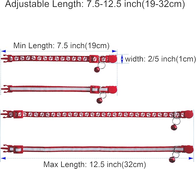 2 Pack Breakaway Cat Collars with Bells, Reflective Design and Claw Print Design, Safety Buckle, Adjustable 7.5-12.5 Inches for Kittens & Cats (Red)