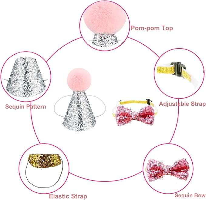 Christmas Pet Party Jazz Hat and Blingbling Bow Tie Breakaway Collar Set, Adjustable Headband for Kitten Puppy Small Dogs Cats (01 Pink)