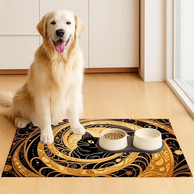 Cat Feedings Mats 20x12 inch Golden Cat Print Pet Bowl Placemat Non Slip Mat for Cats Food and Water Indoor Kitty Feeding Station Elegant Cats Meal Mat for Small Pets Kitchen Floor Use