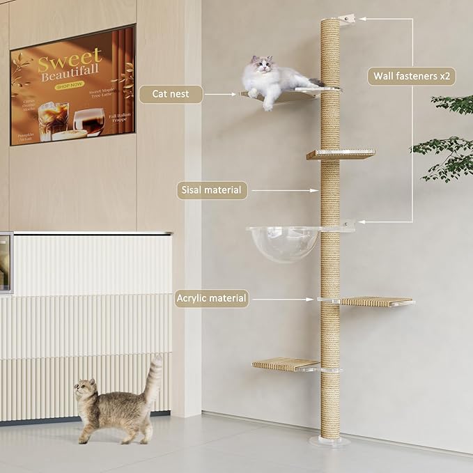 Floor to Ceiling Cat Tree, Acrylic Top Support PlateTall Cat Tower Natural Sisal Rope Scratching Post, Adjustable Height 55-103 Inches, Multi-Platform Activity Center