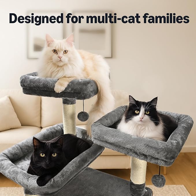 Amazon Basics Large Cat Tree Tower, Multi-Level Activity Center with 2 Large Condos, Multiple Sisal Scratching Posts and Hanging Pompoms, Gray, 68 Inches