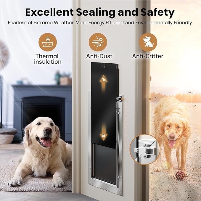 All Aluminum Dog Door, Rust Proof Heavy Duty Large Dog Door for Exterior Doors, Doggy Door with 2 Magnetic Flaps, Energy Efficient, Closing Panel, Pet Door for Pets Up to 110Lb