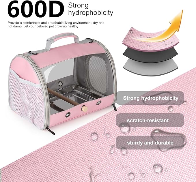 Long Tail Bird Travel Carrier Cage with Tray and Stand Perch, Portable Lightweight Clear Windows Carry Bag for Parakeet Budgies Cockatiel Transport to Vet (Pink, Cylinder Design - Clear)