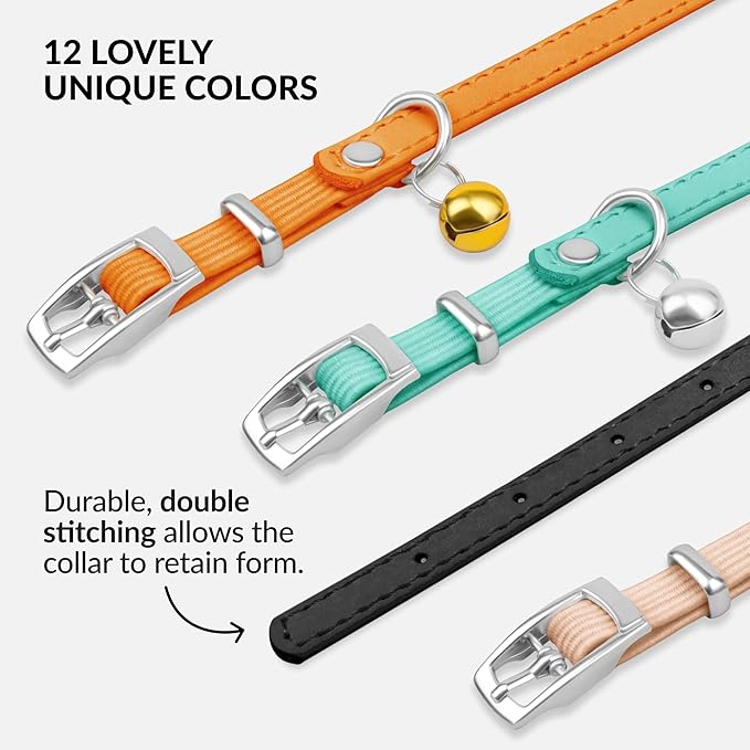 CollarDirect Leather Cat Collar with Bell - Kitten Collar, Small and Big Cat Collar for Boy Cats, Girl Cats with Safety Elastic Strap (Neck Fit 6"-7", Black)