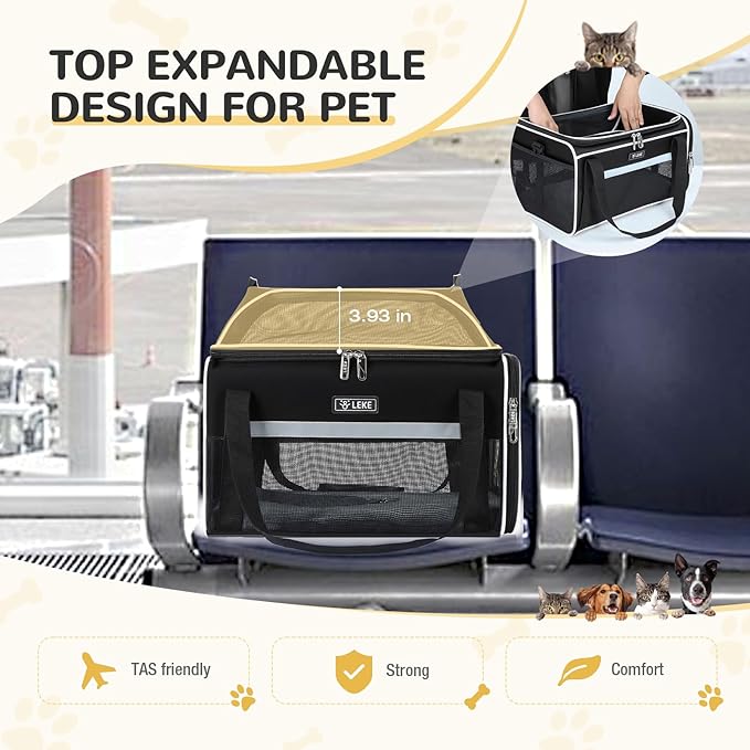 Lekereise Top-Expandable Pet Carrier 18x11x11Inch Delta American United Airline Approved Soft Sided Underseat to 15lbs Travel Carriers for Small Dogs Cats with Locking Safety Zippers Anti-Scratch Mesh