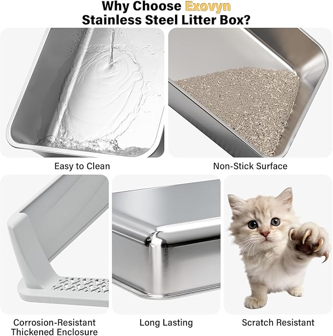 Stainless Steel Litter Box with Lid,Open Top Low Entry Litter Box, Metal Kitty Litter Box for Medium/Small Cats,Odor Control,Anti-Leakage, Non-Sticky, Includes Mat&Scoop,17.5x13.6x8in,