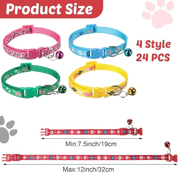 Yunsailing 24 Pcs Cat Collars with Bells for Litter Cat Puppy Soft Nylon Whelping Adjustable Reflective Kitten Collars for Newborn Pets Dogs Kitten, Assorted Colors(Cute Pattern)