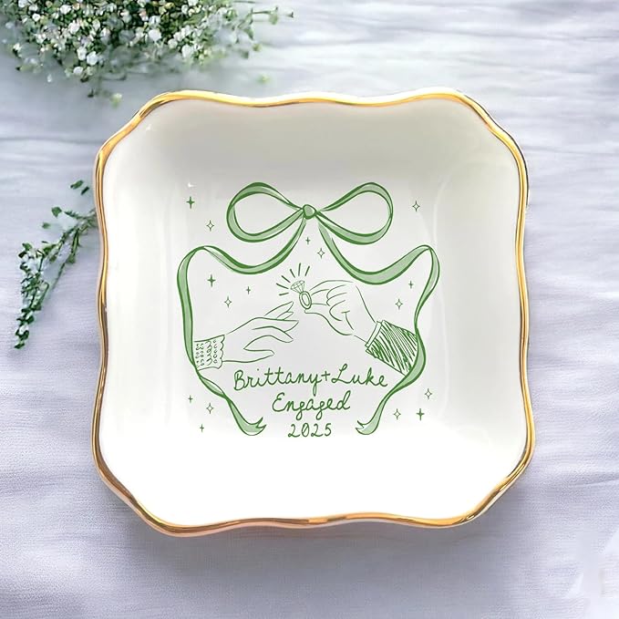 Custom Engaged Ring Dish - Personalized Bow & Rings Exchange Illustration Jewelry Tray, Engagement Trinket Holder Dish, Gifts for Newly Engaged Couple, Bride, Wife, or Bestie