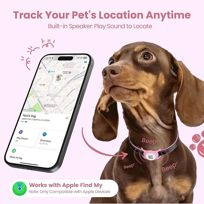 Smart Pet Tracker for Collar - Dog Trackers Location for Pet with Holder, No Monthly Fee, Real-Time Tracking, iOS Only, Emergency Contact, Long-Lasting, Anti-Lost Tracker for Cats, Bag Straps,Pink