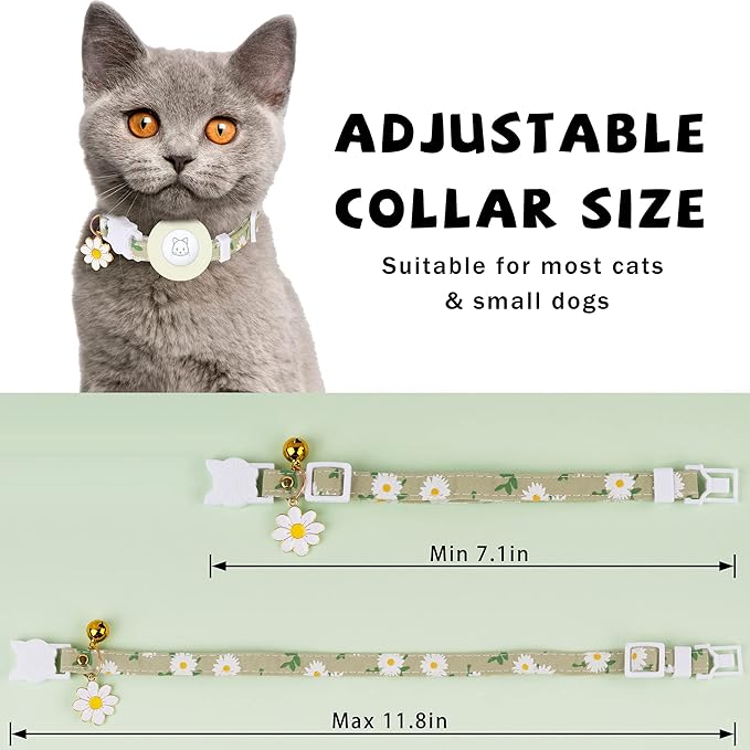 Airtag Cat Collar, JXFUKAL Kitten Collar Breakaway with Silicone Airtag Holder, Bells & Flower Charm for Girl Cats Boy Cats Small Dogs(Luminous Green)