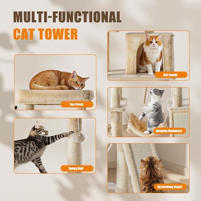 DUMOS Large 63in Cat Tree Tower, Multi Level Cat Climbing Tower with Condo, Natural Sisal Scratching Posts, Extended Platform, Hammock, Pet House for Indoor Cats and Kittens Play, Beige