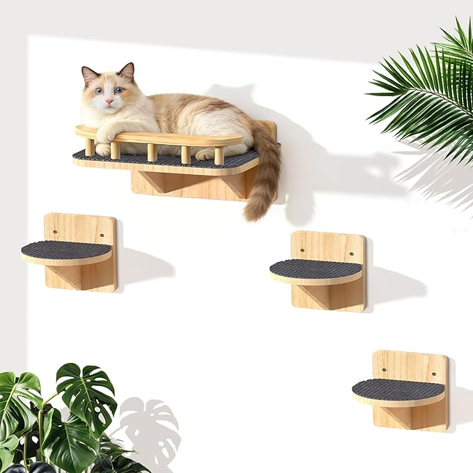 Cat Wall Shelves with 3 Steps, Floating Cat Shelves for Wall with Wide Perch, Modern Wood Wall Mounted Furniture up to 15lbs, Climber Shelf for Small/Medium Cats Sleeping,Jumping, Playing