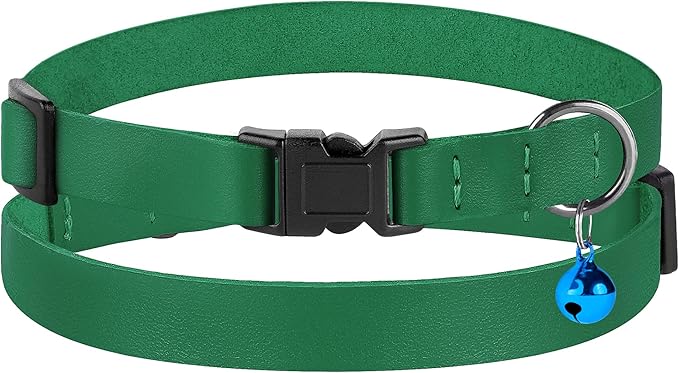 Breakaway Cat Collar with Bell - Leather Adjustable Kitten Collars with Safety Quick Release Buckle - Soft Small Pet Collars for Girl & Boy Cats (Green)
