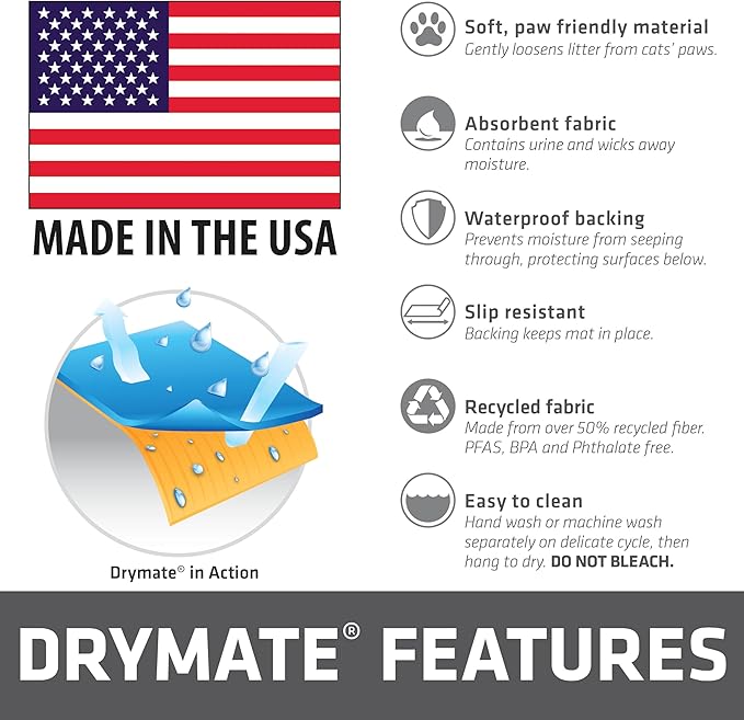 Drymate Cat Litter Box Mat, Litter Trapping Mat, Waterproof, Urine-Proof, Absorbent, Machine Washable, Soft on Paws, Contains Mess, Protects Floors, Kitten Supplies, Indigo Grey, 29x36 XL