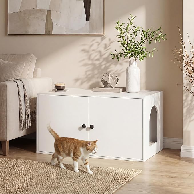 HOOBRO Cat Litter Box Enclosure, Hidden Litter Box Furniture with Side Entry, Litter Box Cabinet, Indoor Cat House, End Side Table, 31.5"L x 17.7"W x 16.3"H, for Living Room, Bathroom, White WT40MW01