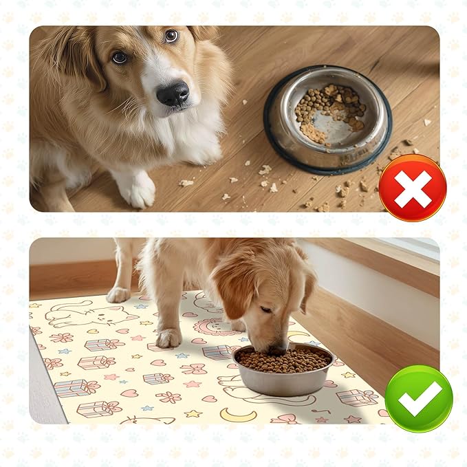 Cute Cat Pet Feeding Mat Adorable Kitten Food Placemat with Gift Bow and Star Print for Dogs and Cats Sweet Non Slip Mat for Dog Cat Food and Water Bowls Home Kitchen Decoration 20" x 12"