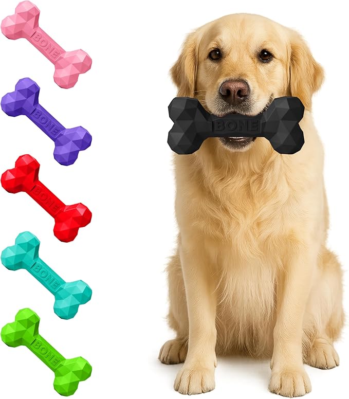 Natural Rubber Dog Chew Bone – Treat-Dispensing, Tough & Indestructible Chew Toy – Safe for Aggressive Chewers – Dental Health & Boredom Relief (Black)