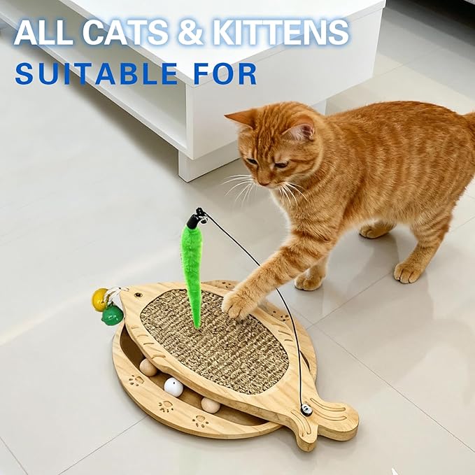 Cat Scratcher with Natural Sisal Pad, 3-in-1 Cat Scratching Board, 2-Tier Kitten Toys with Wooden Ball Track & Swing Toys -No Assembly Cats Activity Center, for Indoor and Outdoor