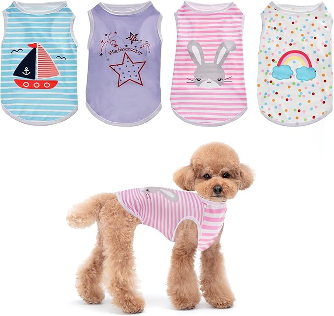 4Pcs Cat and Dog Shirts - Polka Dot Vest, Stripe Sleeveless T-Shirt, Pet Soft Breathable Clothes for Small Medium Puppy Kitten M