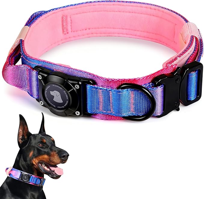 2026 Upgrade Waterproof AirTag Dog Collar, Military Tactical Dog Collar with AirTag Holder, Comfortable Control Handle and Metal Buckle, GPS Dog Collar Holder for Medium to Large Dogs (Snow Cone,L)