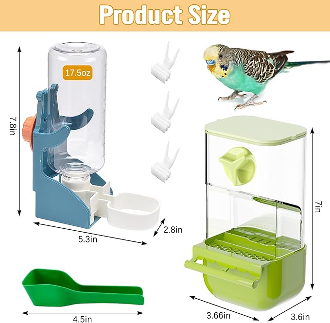 BNOSDM Automatic Bird Feeder Water Dispenser Set No Mess Bird Cage Feeders Parrot Cage Accessories Transparent Seed Food Container with Perch for Finches Parakeets Budgies Lovebirds Canaries (Green)