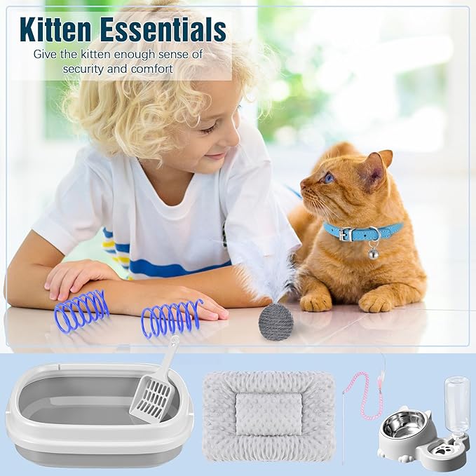 Eccliy Kitten Starter Kit, 10 Pcs Cat Starter Kit for Indoor Cats Kitten Essentials Includes Litter Box, Pet Toy, Folding Carrier, Climbing Frame, Mat, Collar, Automatic Food Bow(Cute,Gray)