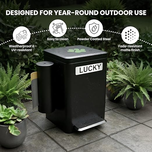 Dog Poop Trash Can Outside, 6L Metal Outdoor Dog Waste Bin with Lid & Soft Close Pedal, Pet Waste Container with Charcoal Filter, Removable Inner Bucket, Bag Holder, Stickers & Custom Name Plate