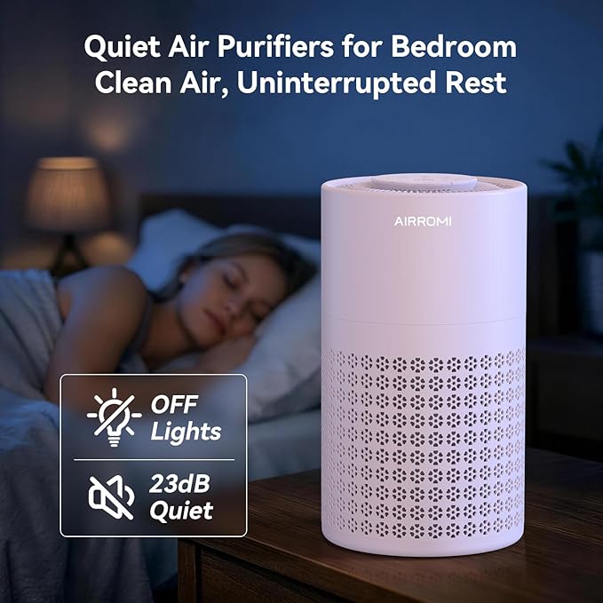 AIRROMI Air Purifier for Bedroom with HEPA 3-in-1 Filter, Pet Air Purifier for Home Cat Pee Smell, Covers Upto 990 Ft², Quiet 360°intake Air Cleaner for Pet Hair,Allergies,Pollen,Smoke A2001 Purple