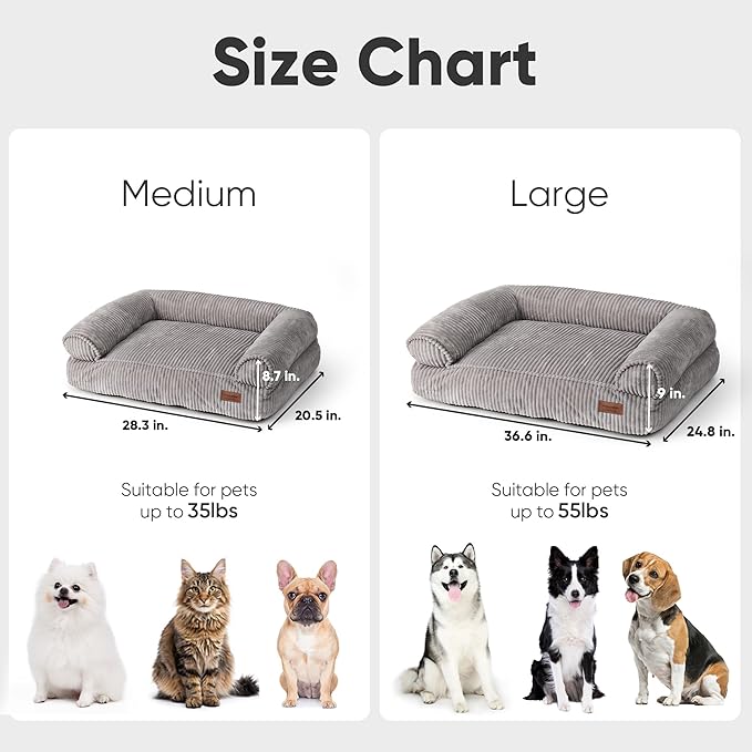 FUKUMARU Cute Dog Bed, Waterproof Corduroy Dogs Couch, 36in Orthopedic Pet Sofa for Medium to Large Dogs Dog, Warm Cotton Pet Bed with Washable Cover, Grey