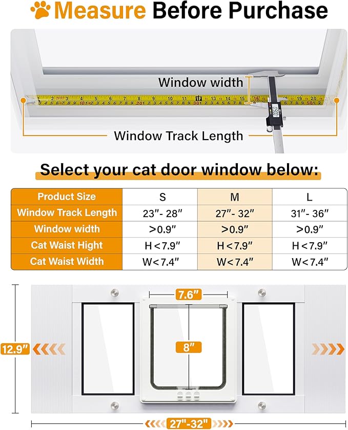 Cat Door for Window Weatherproof: Aluminum Frame Flap Pet Door Quick Fit Window Insert - Easy Adjustable to Fit Windows Width 27"-32" - 4 Secure Lock Modes with Magnetic Closure for Dog Cats