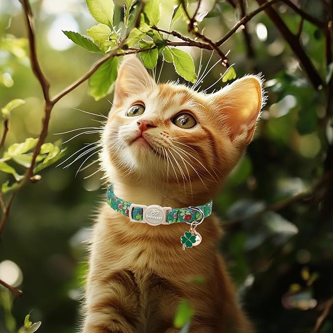2 Pack St. Patrick’s Day Cat Collars - Breakaway Cat Collar with Bell, Green Clover Pendant, Adjustable Cute Kitten Collars for Boy Girl Cats, Beer&Flower Irish Shamrock