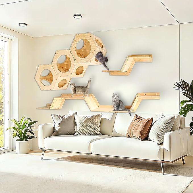 Cat Wall Shelves and Furniture Set with 3 Hexagon Shelves and 4 Z-Shaped Jump Platform (E)
