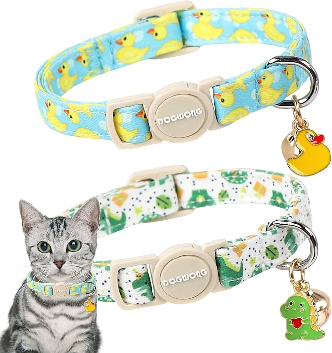 2 Pack Summer Duck Dinosaur Cat Collars Breakaway with Bell, DOGWONG Safety Buckle Duck Cat Collar for Girl Boy Cats，Adjustable 7-12 Inch