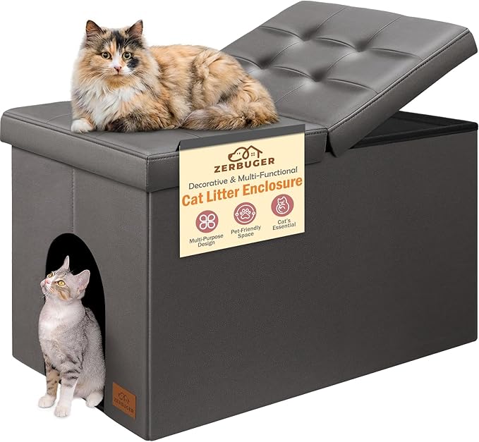 Cat Litter Box Enclosure Furniture for Odor Control, Hidden Cabinet Cat Litter Box Furniture Ottoman with Flip-Up Lid,Cats Litter Box Bench with Storage Space, Dog Proof (Gray-Faux Leather, Large)