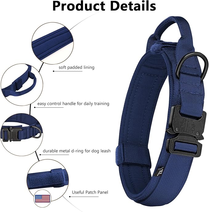 DAGANXI Tactical Dog Collar, Adjustable Military Training Nylon Dog Collar with Control Handle and Heavy Metal Buckle for Medium and Large Dogs, with Patches and Airtags Case (Midnight Blue, XXL)